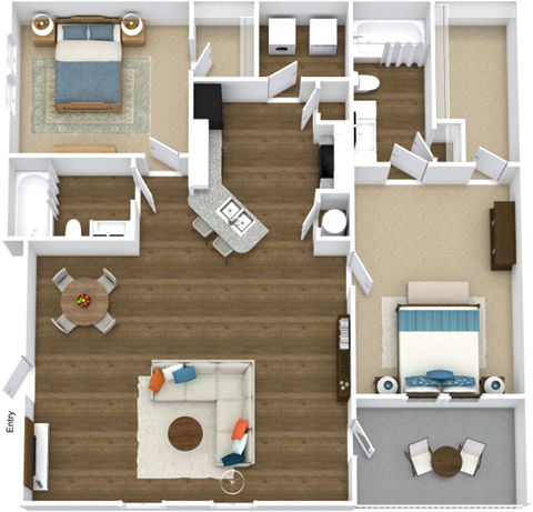 Floor plan for 2 beds, 2 baths, 1097 sqft